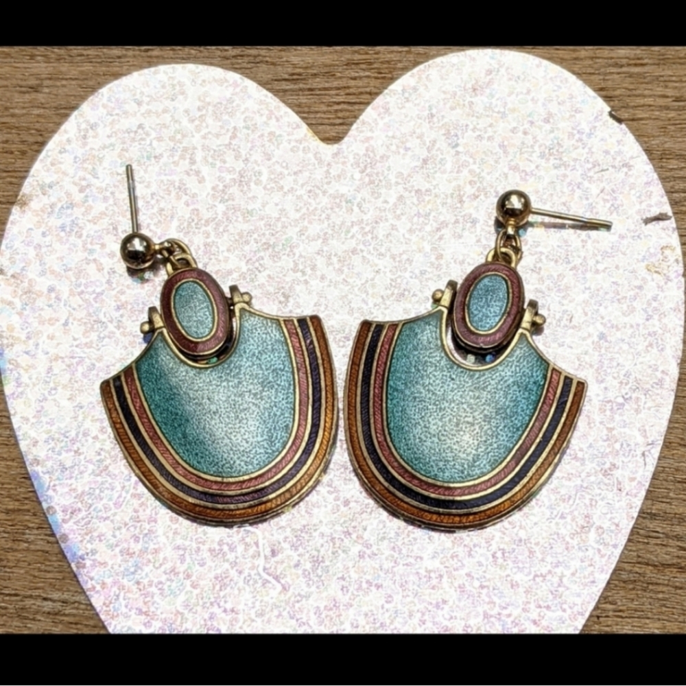 Vintage Jon St. Paul Art Deco teal gold copper brown dangle earrings